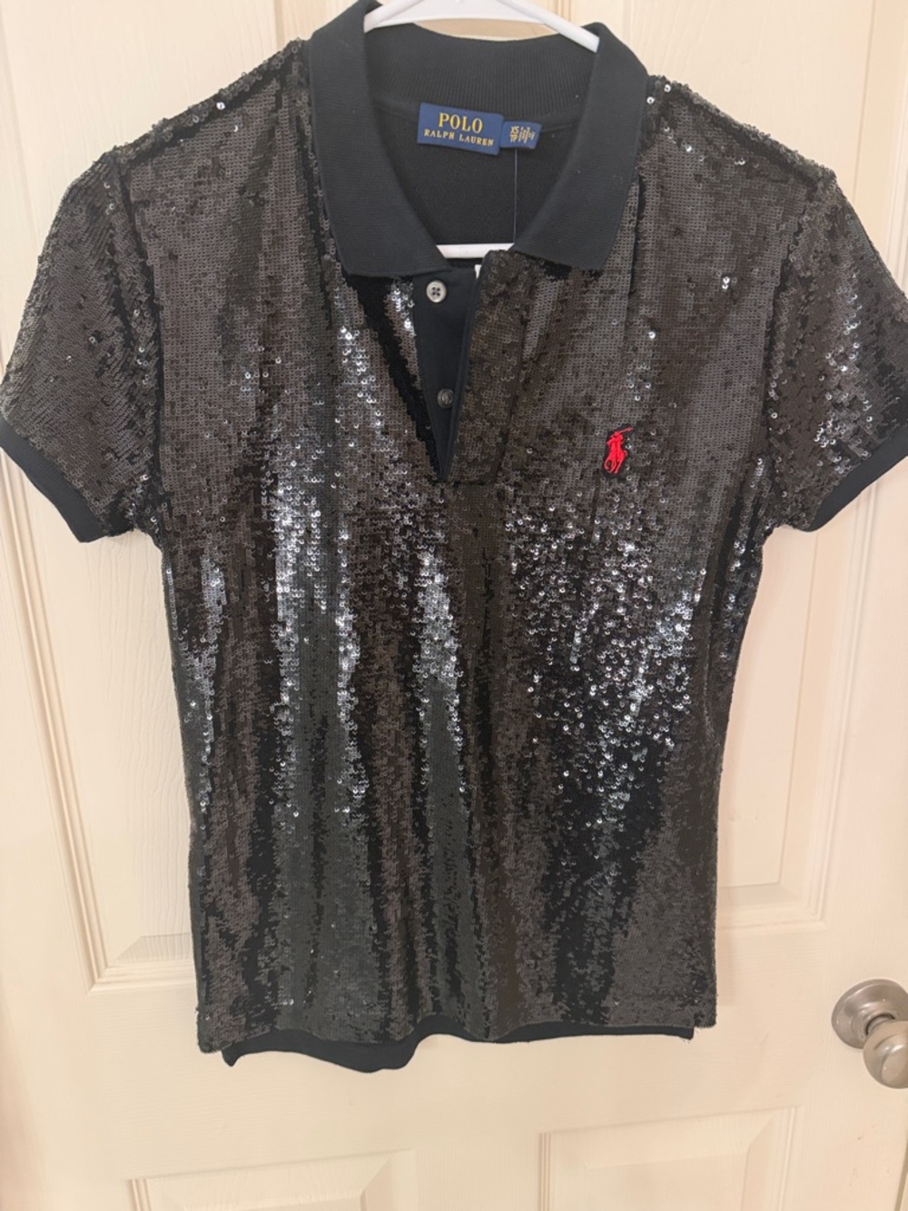 Ralph Lauren Polo Black Sequin Short Sleeve Polo with Red Pony